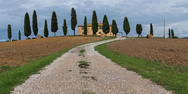 A strada bianca running through cypresses to a farmhouse in the Val d'Orcia